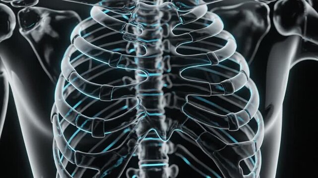 Close up of a translucent human rib cage with glowing blue internal structures against a dark background highlighting skeletal anatomy and medical imagery