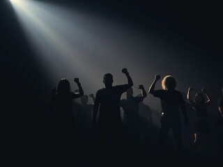 Fragmented silhouettes in a tidal wave of ecstatic energy, sculpted by the unforgiving spotlight's glare,  concert,  light