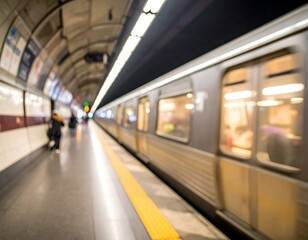 Fototapeta premium Blurry view of a train at a subway station platform