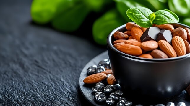 Mixed nuts and blueberries in black bowl with fresh basil on dark slate surface for healthy snacking and nutrition concepts.