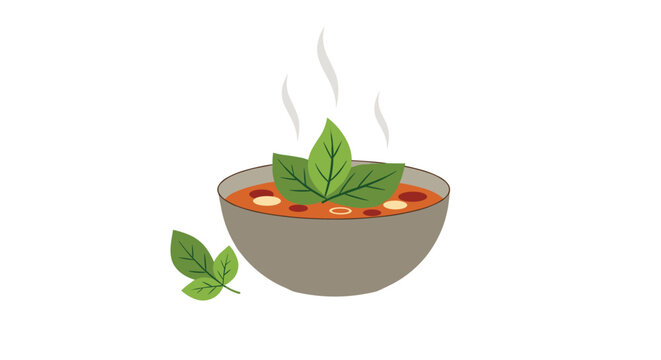 Bowl of hot steaming red tomato or vegetable soup garnished with fresh green basil leaves in a simple and inviting flat illustration style.