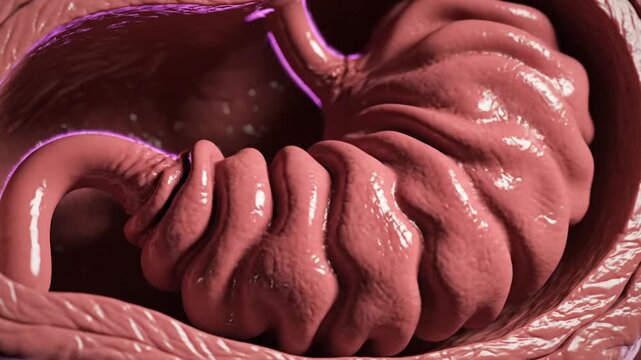 Close Up Medical Animation of a Pink Human Stomach Showing Rugae and Internal Structure With Subtle Pink Lighting And Dark Background