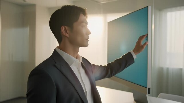 Asian Businessman Interacting With Futuristic Digital Display in Modern Office