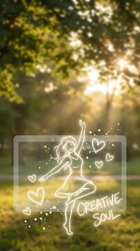 Blurred forest background with sunlight rays and white line art dancing woman figure with hearts and creative soul text for inspirational design projects.