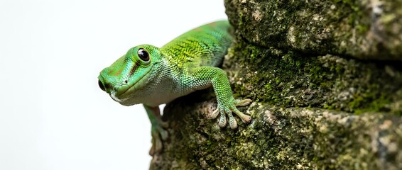 Fototapeta premium Small bright green gecko with large eyes perched on textured tree bark surface in natural wildlife habitat setting for reptile and nature photography.