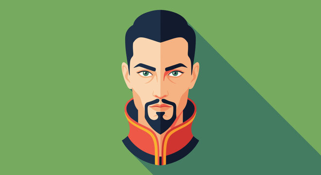 Stylish portrait of a handsome man with dark hair and a neat goatee wearing an elegant high-collared garment against a green background.
