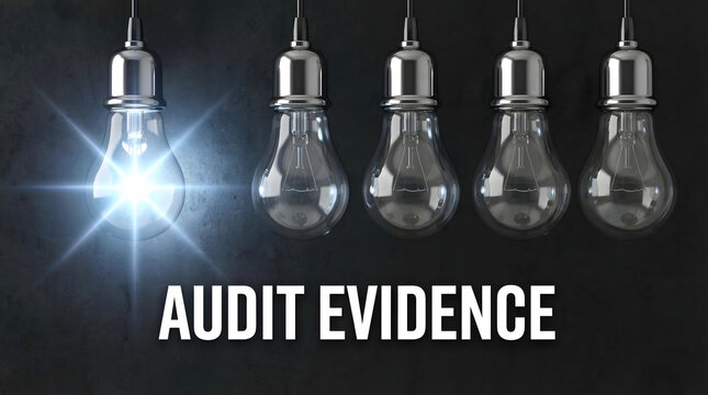 One bright glowing light bulb stands out among a row of unlit bulbs on a dark background highlighting the idea of audit evidence and financial discove