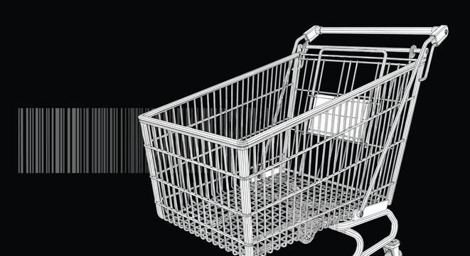 Empty metal wire shopping cart or trolley depicted as a 3D wireframe model with a large barcode element on a black background.