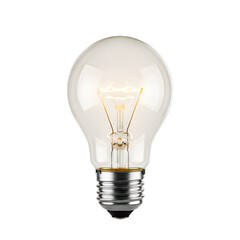 a clear light bulb with a glowing filament and a silver base, turned on and emitting a warm light