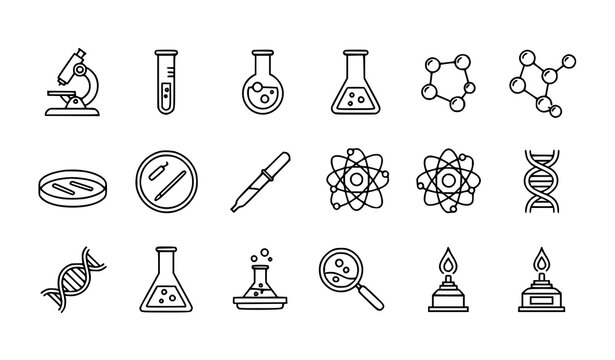 Laboratory science line icon set microscope beaker molecule vector symbols