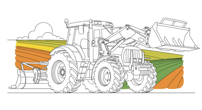 Agricultural tractor vehicle working in a field with tilled soil and clouds in a clean line art illustration style.