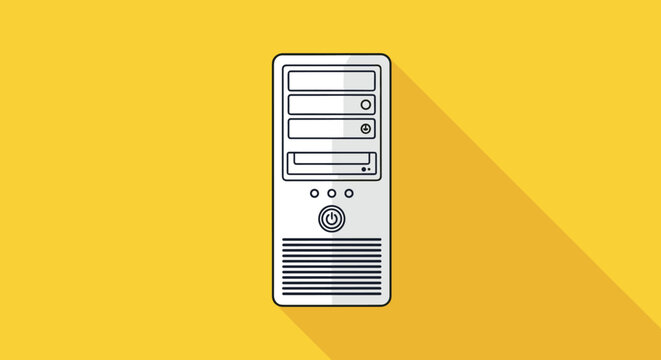 Silver computer tower or workstation casing shown from the front with long shadow on bright yellow background.