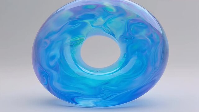 Abstract blue donut shaped object with swirling fluid patterns against a soft backdrop