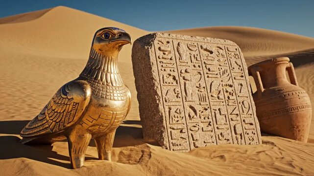 Ancient Egyptian Falcon Statue, Hieroglyph Tablet, and Amphora in Desert Sand Dunes
