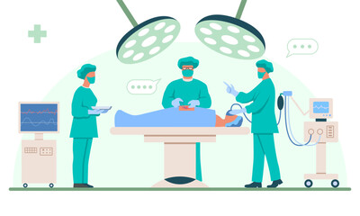 Surgical operation. Male surgeon, anesthesiologist and female nurse perform medical operation on patient on operating table. Doctor performs surgery. Flat vector illustration isolated on background