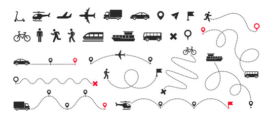 Fototapeta premium Travel navigation routes. Set of icons with vehicle silhouettes, location pins, and dashed route lines. Elements for map and path creation. Flat vector illustration collection isolated on background