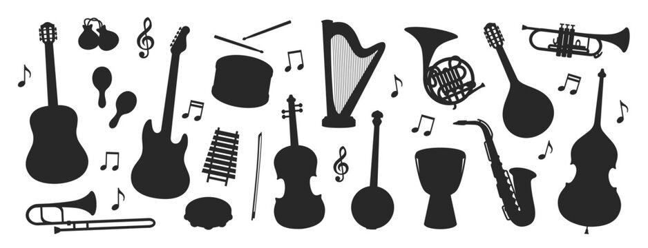 Set of musical instrument silhouettes. Simple black stickers with guitar, violin, cello, maracas, trumpet, drum, saxophone and harp. Flat vector illustration collection isolated on background