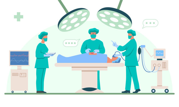 Surgical operation. Male surgeon, anesthesiologist and female nurse perform medical operation on patient on operating table. Doctor performs surgery. Flat vector illustration isolated on background