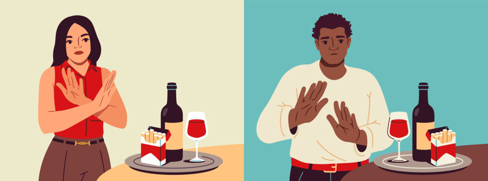 People give up bad habits. Man and woman make stop gesture with their hands, rejecting offer to smoke or drink alcohol. Overcoming addictions and healthy lifestyle. Flat vector illustration collection