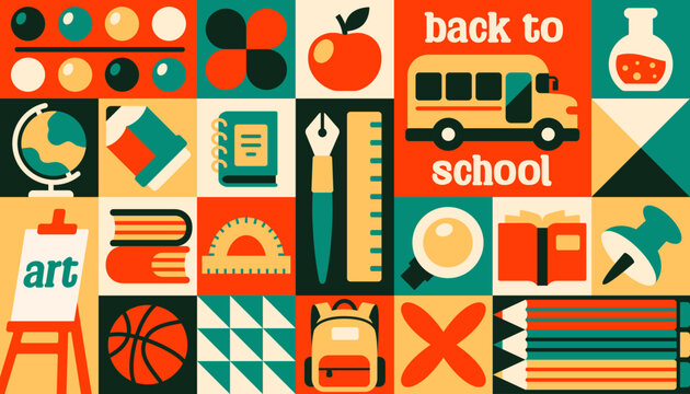 Back to school poster. Colorful collage in modern geometric style with school supplies, pencils, globe, book, backpack and bus. Education, learning and studying. Flat vector illustration