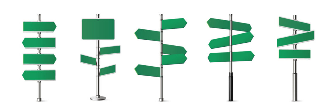 Green street signs set. 3D Directional pole with wayfinding arrows and green signs showing address. City navigation. Realistic vector illustration collection isolated on background