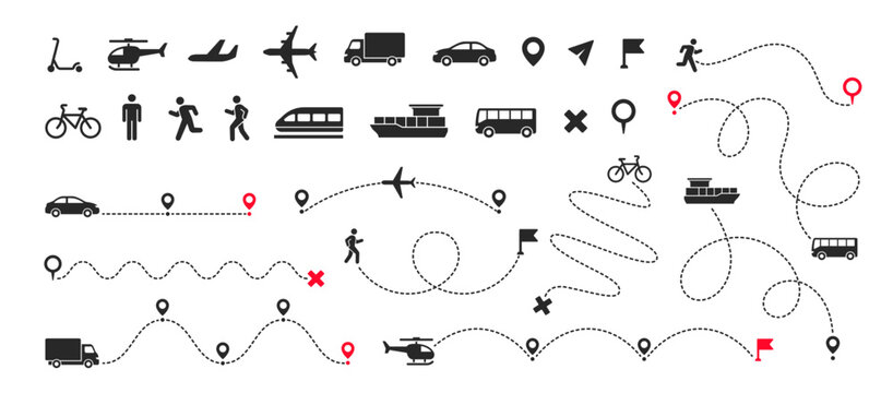 Travel navigation routes. Set of icons with vehicle silhouettes, location pins, and dashed route lines. Elements for map and path creation. Flat vector illustration collection isolated on background