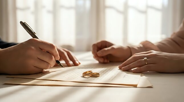Couple signing divorce papers with wedding rings on table during legal separation process in bright office setting.