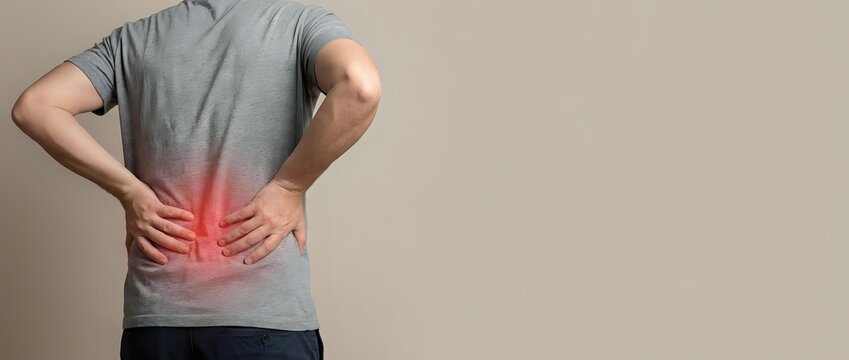 Man in gray shirt touching lower back with red pain highlight indicating backache or lumbar spine injury on neutral background.