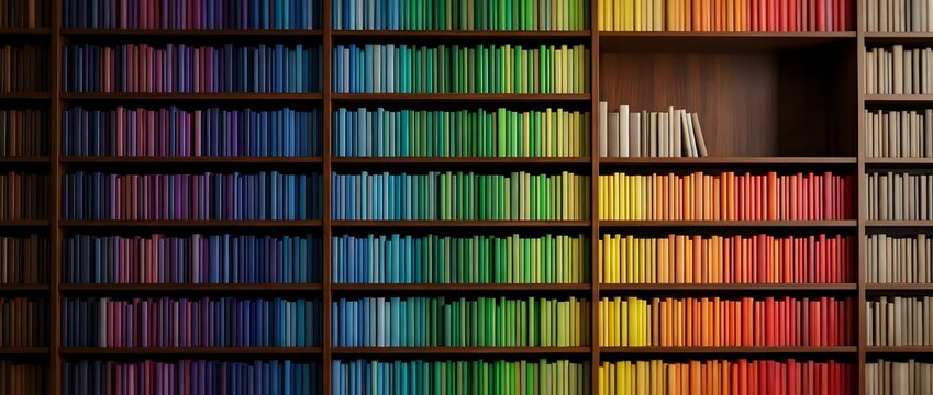 Colorful library bookshelf with books arranged by rainbow spectrum from purple to red creating organized gradient pattern for education and reading concepts.