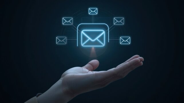 Hand reaching toward glowing email subscribe button with floating icons in dark background