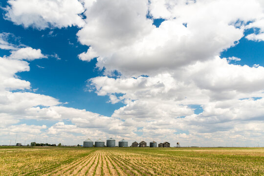 Canada, Saskatchewan, Regina.  A line of steel storage bins and equipment sheds along the horizon in the great plains of the Canadian prairies.