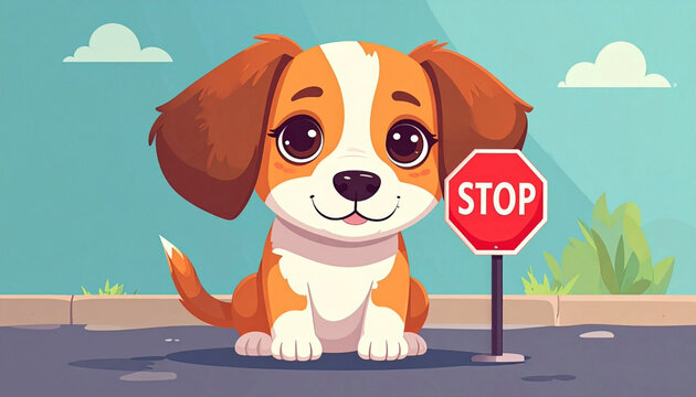 一時停止標識の横でお座りをする可愛い子犬のイラスト