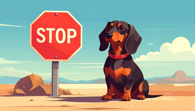 砂漠の道で一時停止標識の横に座る可愛いダックスフントのイラスト