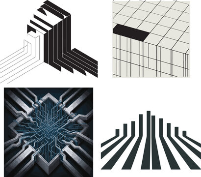 Isometric perspective grid patterns set with geometric linear shapes