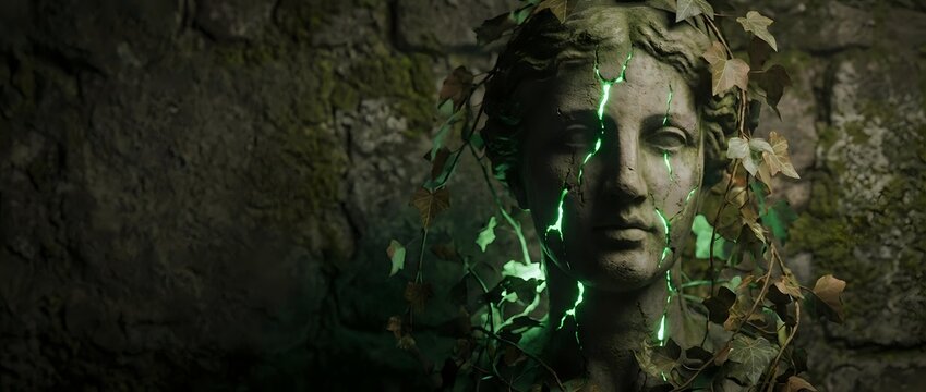 Mystical forest goddess emerges from ancient stone wall covered in ivy and moss. Fantasy nature spirit with ethereal green lighting for creative projects.