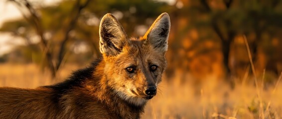 Obraz premium Red fox portrait in golden autumn sunlight with warm bokeh background and natural wildlife habitat setting.