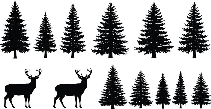 Pine tree silhouettes and deer set, various coniferous forest trees and buck shapes, botanical vector illustration for nature landscape design,