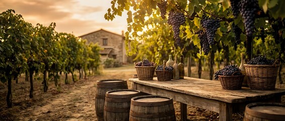 Naklejka premium Rustic vineyard scene with grape harvest baskets on wooden table during golden hour sunset. Wine country landscape with rolling hills and traditional winery.