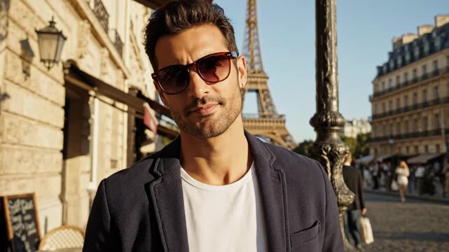 Stylish man in sunglasses walking past Parisian outdoor cafe scene