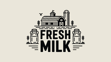 Fototapeta premium Classic farm scene illustration featuring barn, silo, and milk cans with Fresh Milk text on light background