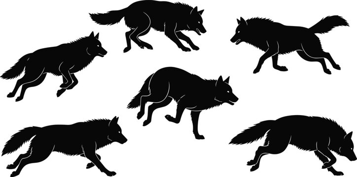 Running Wolf Silhouette Collection, Wild Timber Wolf Vector Poses for Nature Conservation, Forest Wildlife Graphics, and Outdoor Adventure Branding Design