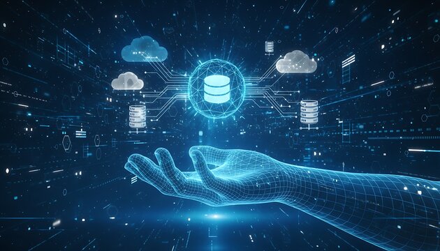 Futuristic Digital Cloud Data Hand with Database Icon