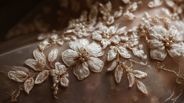 luxury embroidered lace fabric with pearls and gold thread detail, elegant bridal lace textile with intricate embroidery and beadwork macro, delicate couture lace pattern with pearls and metallic embr
