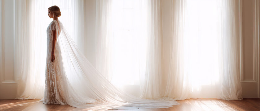 elegant bride in lace wedding dress with long veil by window light, graceful bride standing in bridal gown with flowing veil in soft natural light, romantic bridal portrait with delicate lace wedding 