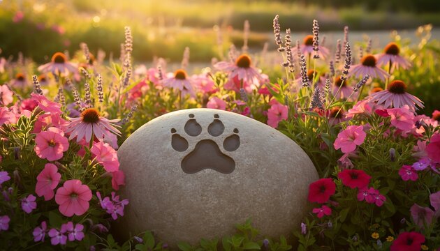Curious Stone Paw Print in Colorful Garden