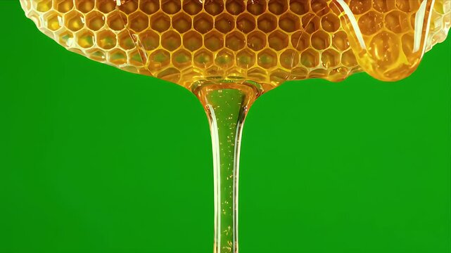 Golden Honey Dripping Seamlessly From Honeycomb Structure on Vibrant Green Screen Background Slow Motion Macro Detailed