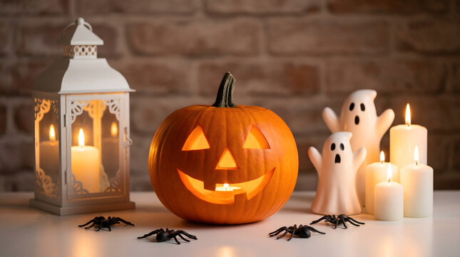 A glowing jack o lantern ceramic ghosts a white lantern and lit candles create a warm spooky Halloween display on a table indoors a brick wall