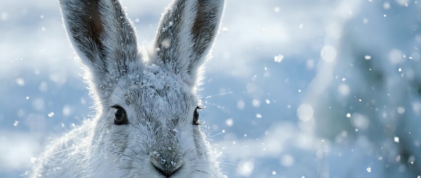 White mountain hare portrait in winter snow with soft bokeh background for seasonal wildlife photography and nature designs.