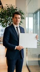 Fototapeta premium Professional businessman in navy suit holding blank white paper in modern office with glass walls and plants for corporate presentations and marketing materials.