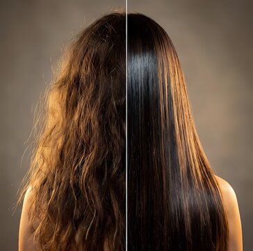 Hair care transformation showing damaged frizzy hair versus smooth straight healthy hair split comparison for beauty salon treatments.